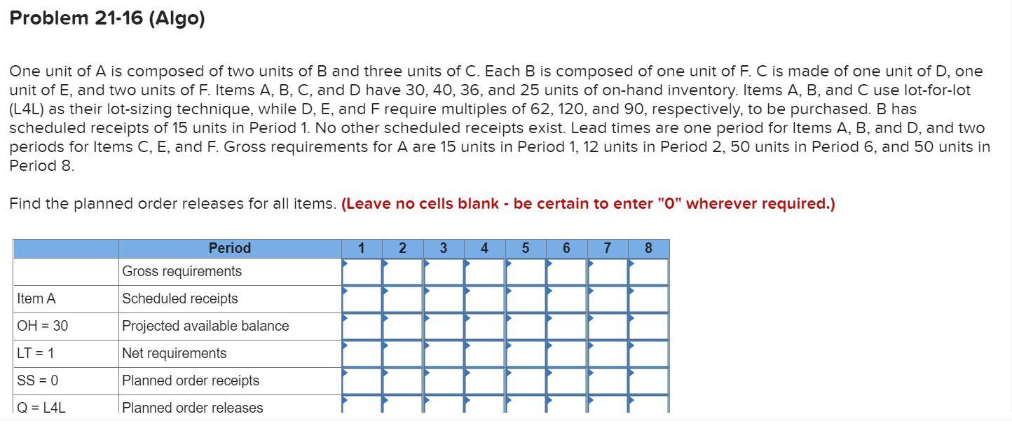 Problem 21-16 (Algo) One unit of A is composed of