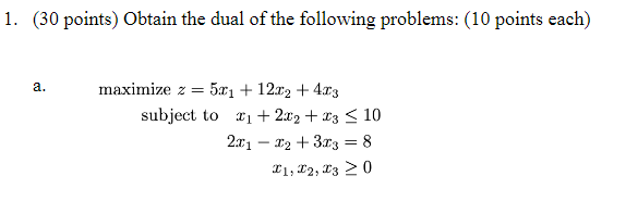 1. (30 points) Obtain the dual of the following