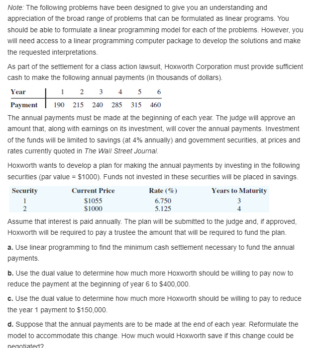 formulate a linear program Note: The following