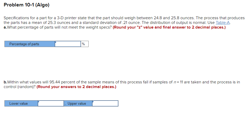 Problem 10-1 (Algo) Specifications for a part for