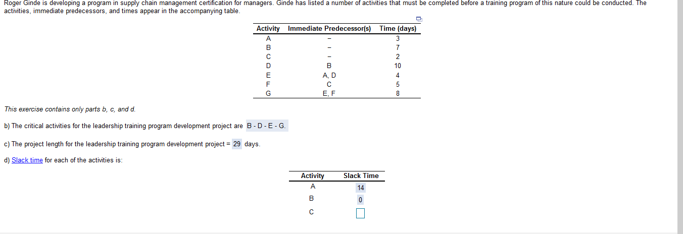 Please help with C D E F G H slack times Roger