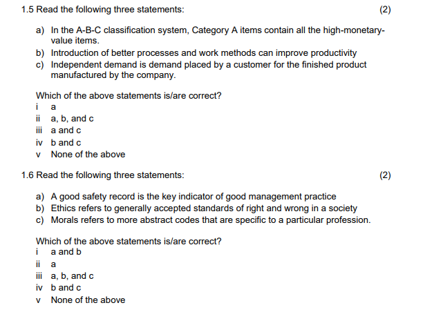 ) 1.5 Read the following three statements: (2) a)