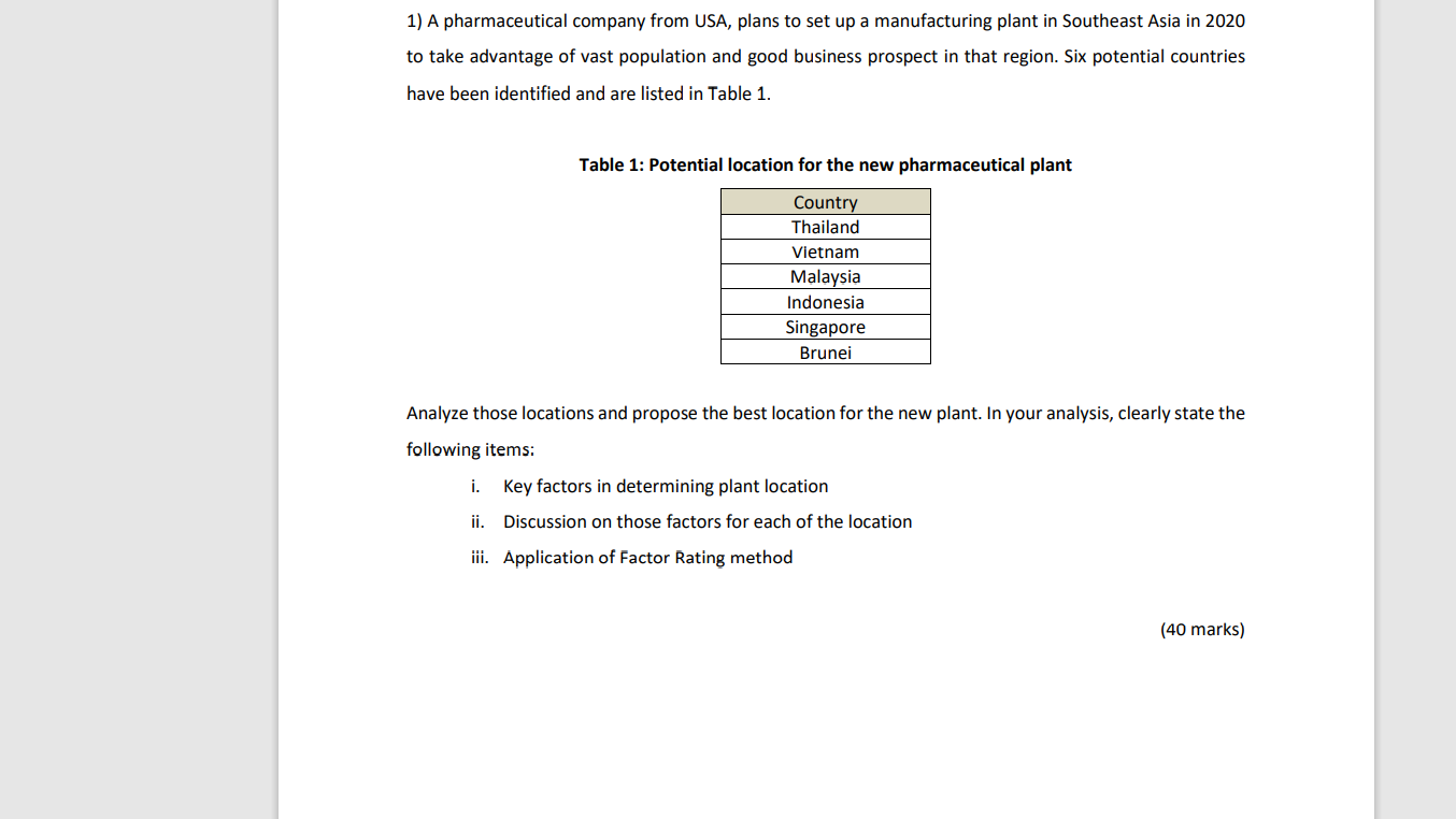 1) A pharmaceutical company from USA, plans to