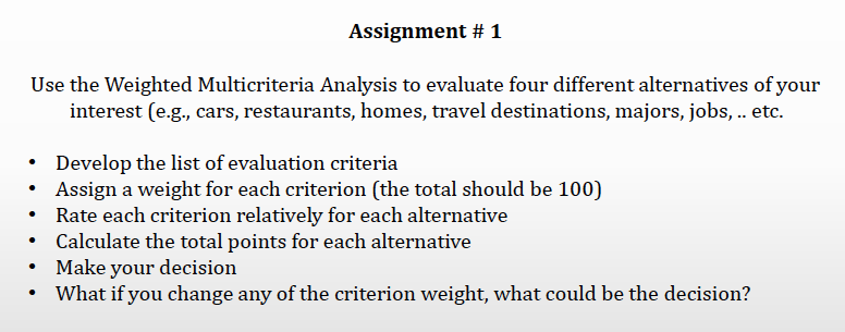 Assignment #1 Use the Weighted Multicriteria