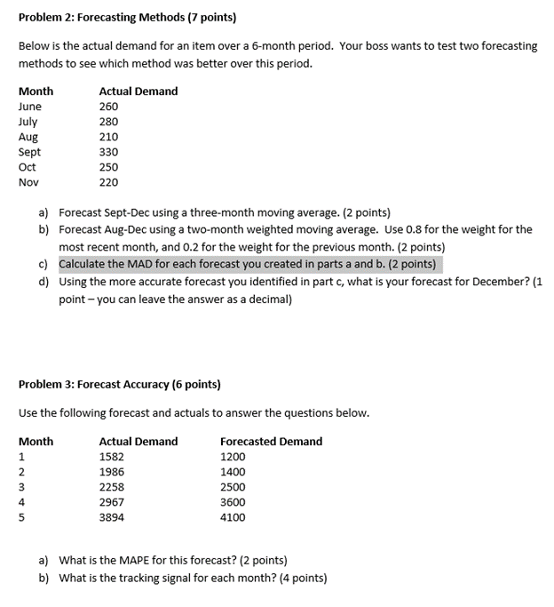 Problem 2: Forecasting Methods (7 points) Below