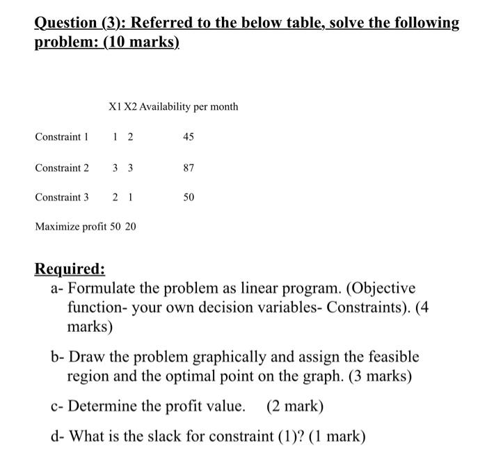 Question (3): Referred to the below table, solve