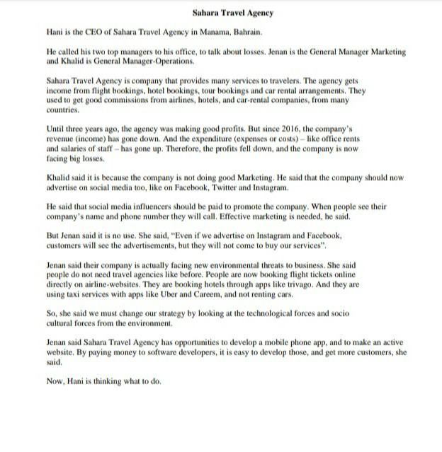 case study Sahara Travel Agency Hani is the CEO
