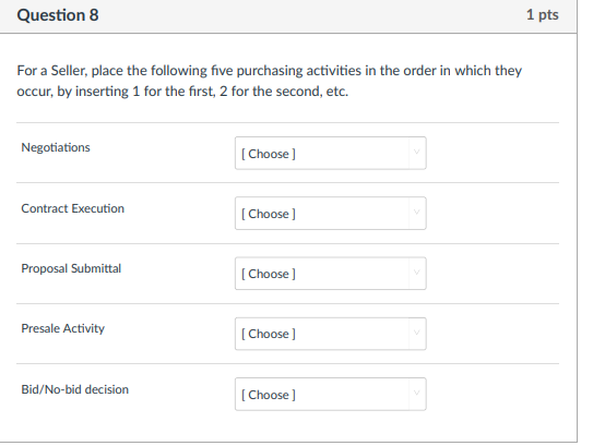 Question 8 1 pts For a Seller, place the