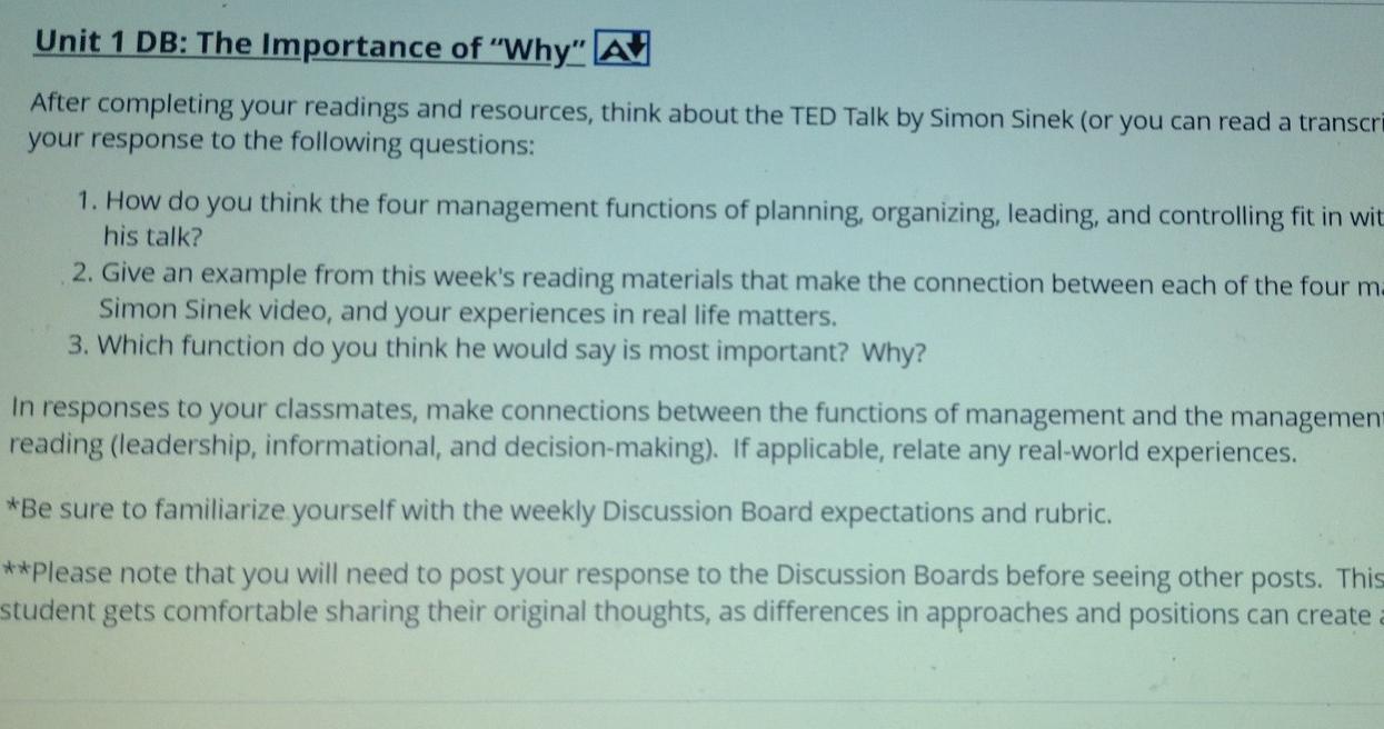 Unit 1 DB: The Importance of "Why" A After