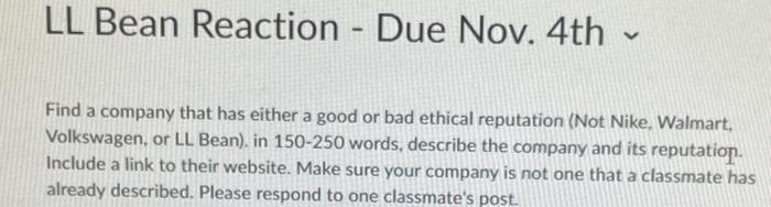 LL Bean Reaction - Due Nov. 4th Find a company