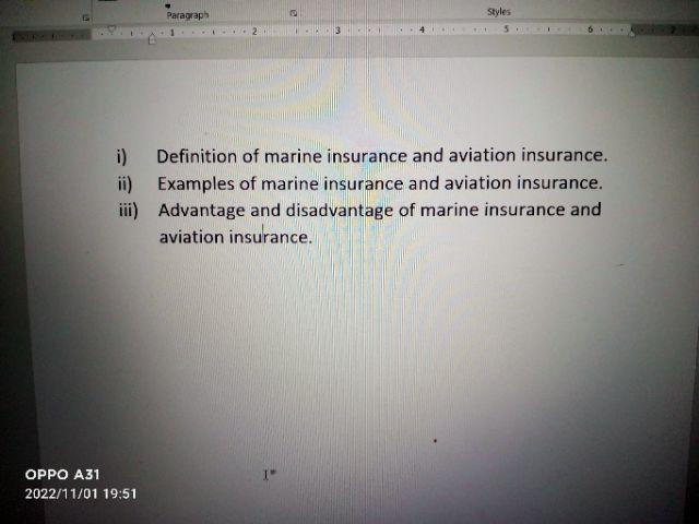 i) Definition of marine insurance and aviation