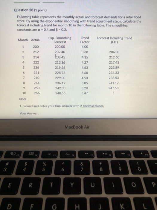 Question 28 (1 point) Following table represents