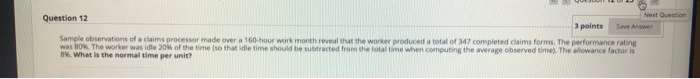 Question 12 Sample observations of a claims