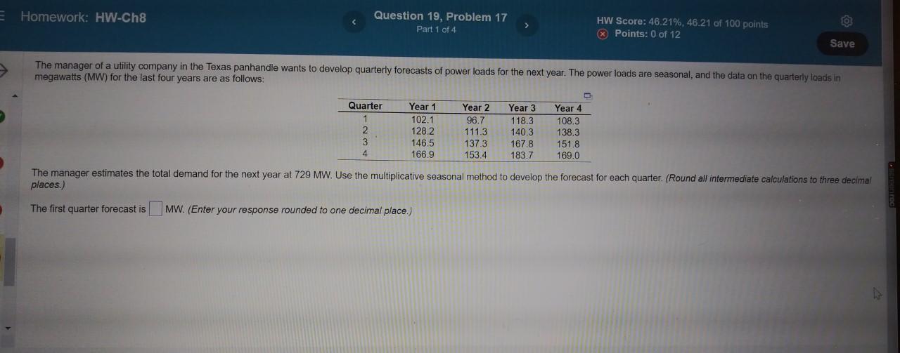 places.) The first quarter forecast is MW. (Enter