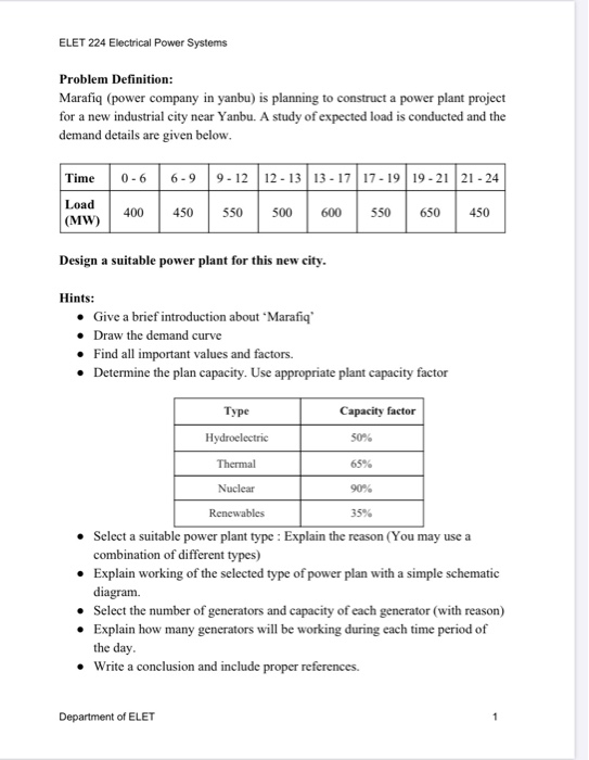 ELET 224 Electrical Power Systems Problem