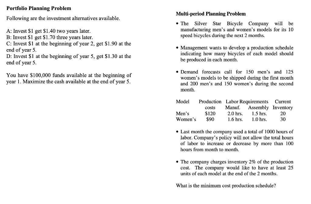 Portfolio Planning Problem - Last month the