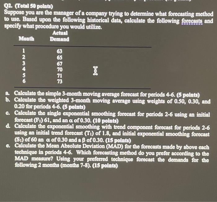 Q2. (Total 50 points) Suppose you are the manager