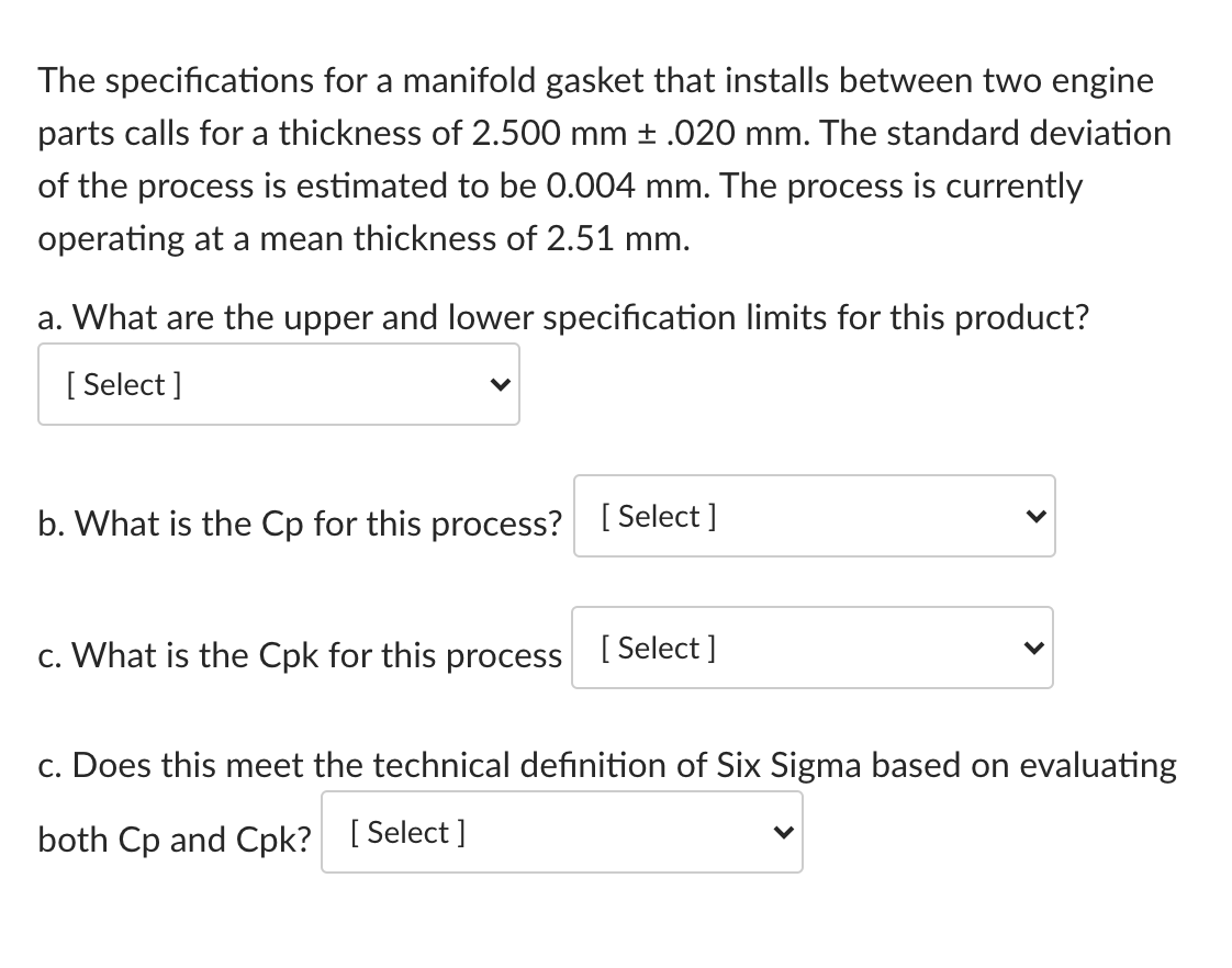 The specifications for a manifold gasket that