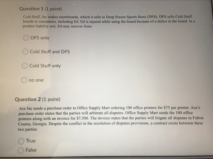 Question 1 (1 point) Cold Stuff, Inc makes