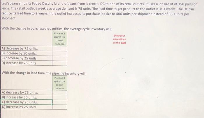 please show formulas/ excel work Levi's Jeans