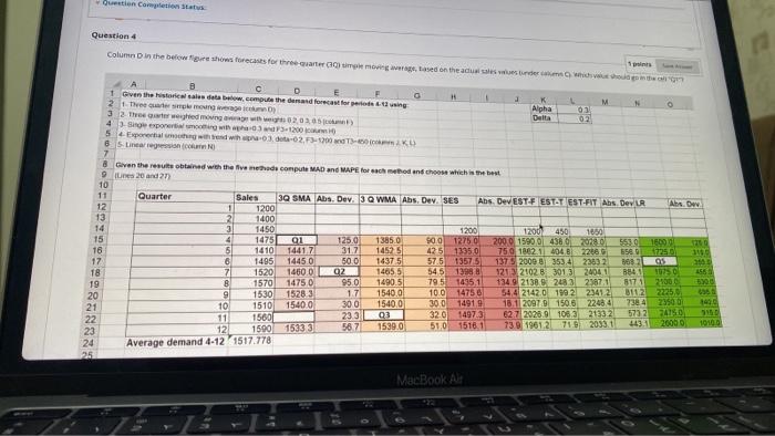 Question Completion status Question 4 Column in