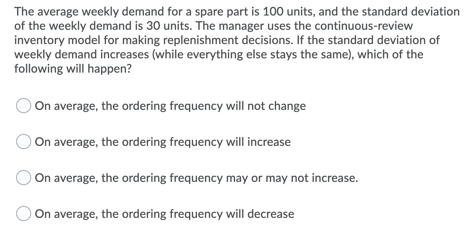 The average weekly demand for a spare part is 100