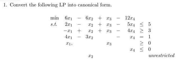 1. Convert the following LP into canonical form.