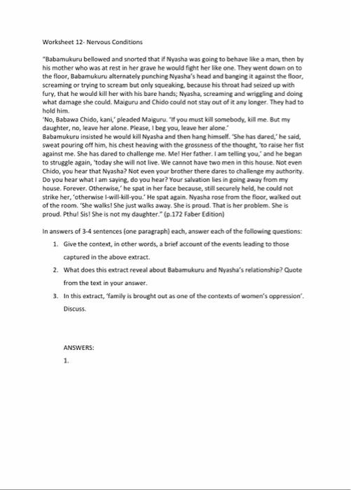 Worksheet 12 - Nervous Conditions "Babamukuru