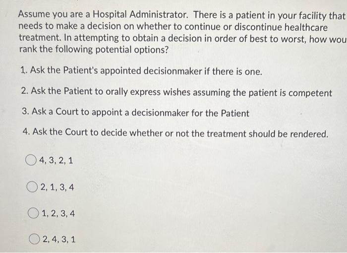 Assume you are a Hospital Administrator. There is