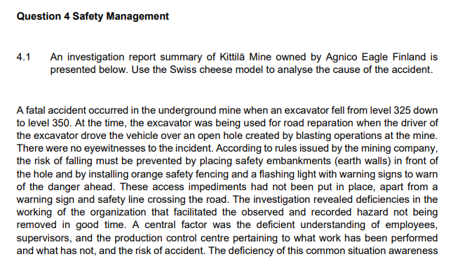 Question 4 Safety Management 4.1 An investigation