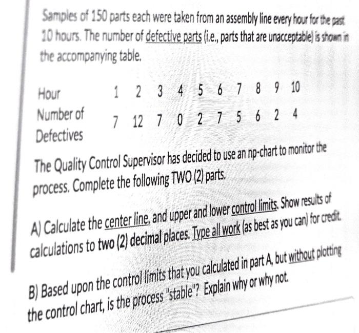 Samples of 150 parts each were taken from an