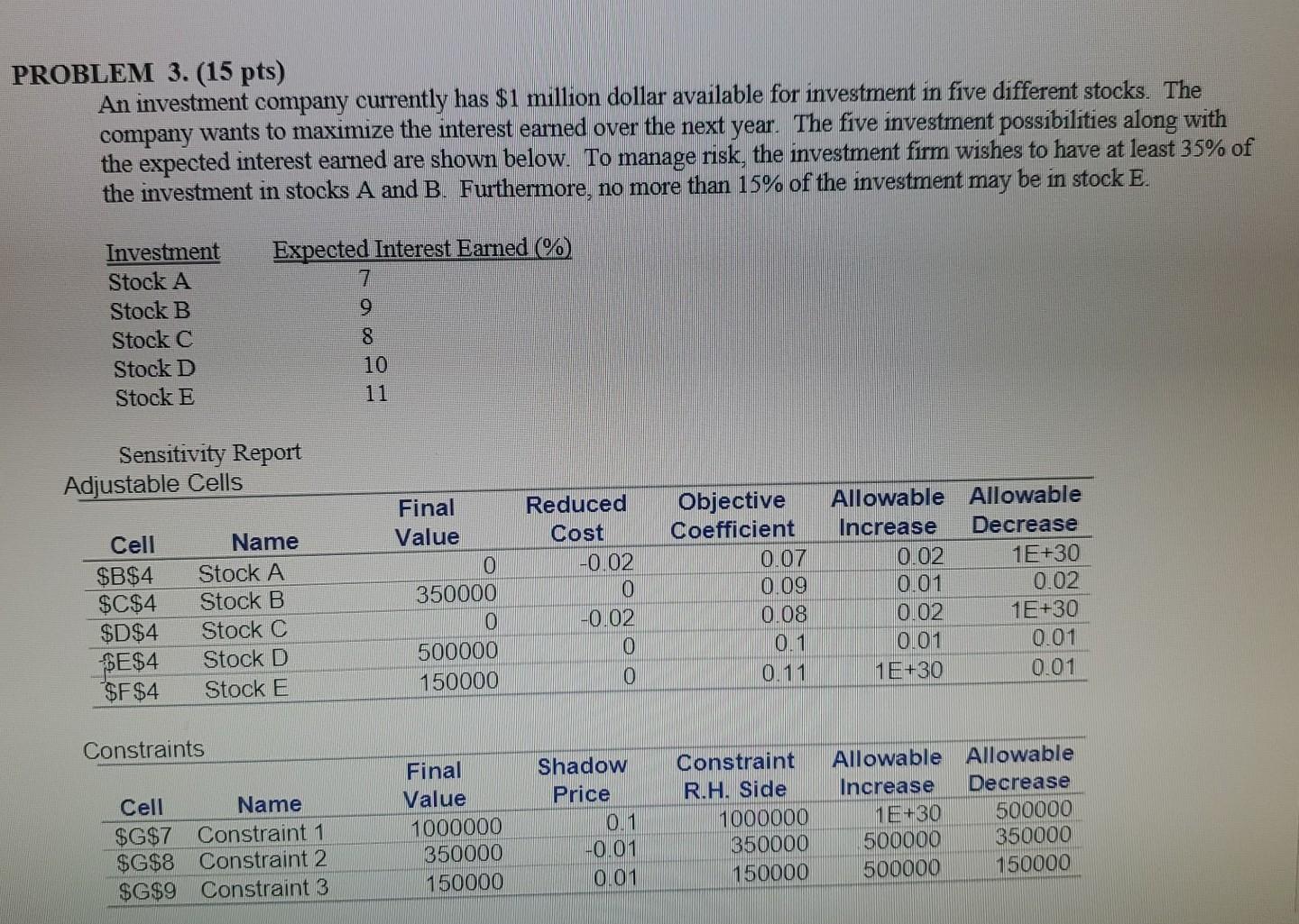 PROBLEM 3. (15 pts) An investment company