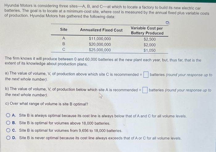 Hyundai Motors is considering three sites-A,B,
