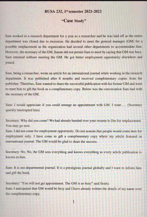 BUSA 232, 1 semester 2021-2022 Case Study" Sam