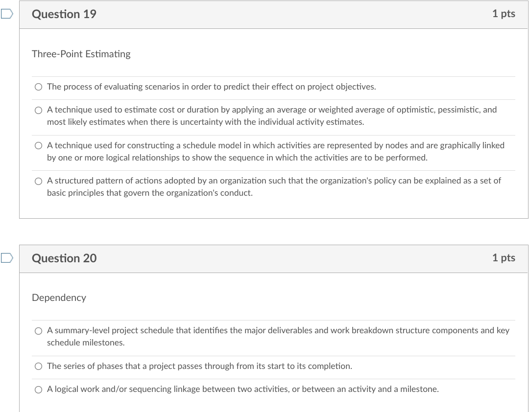 Question 16 1 pts Activity attributes O A process