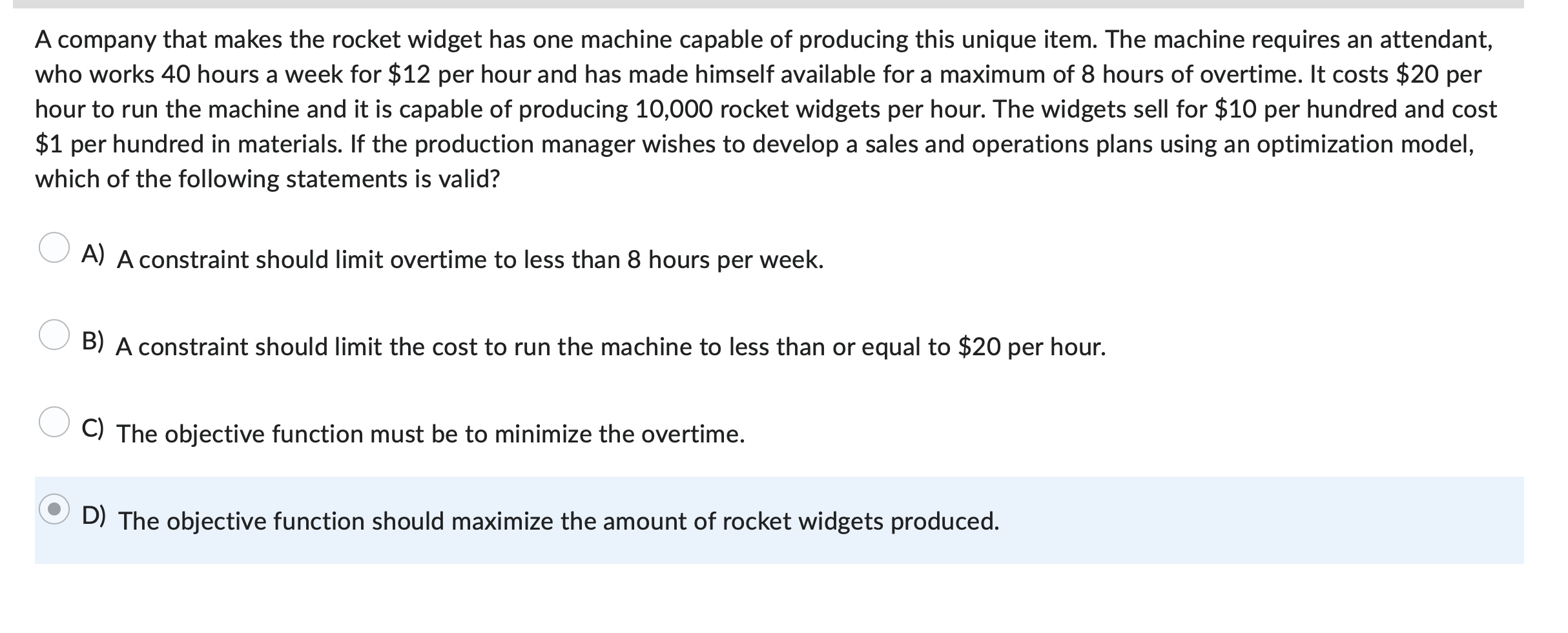 A company that makes the rocket widget has one