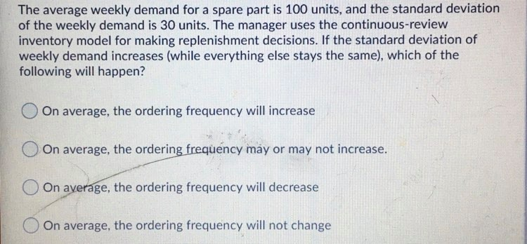 The average weekly demand for a spare part is 100