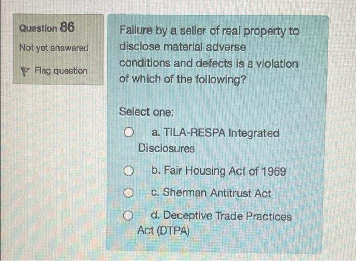 Question 86 Not yet answered Failure by a seller