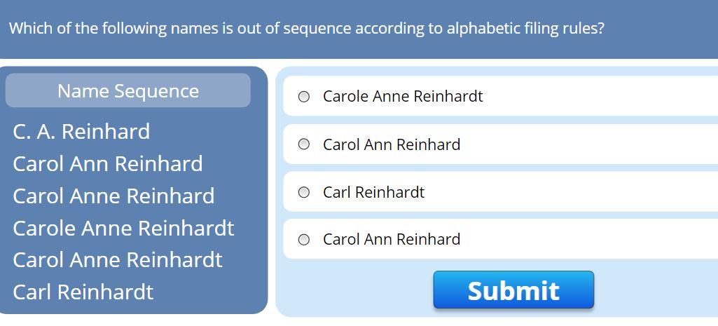 Which of the following names is out of sequence