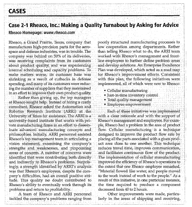 CASES Case 2-1 Rheaco, Inc.: Making a Quality