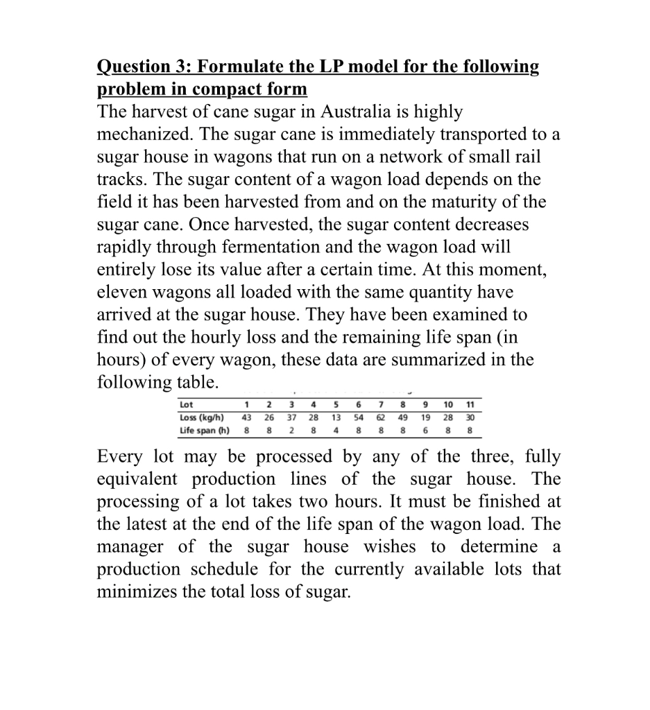 Question 3: Formulate the LP model for the