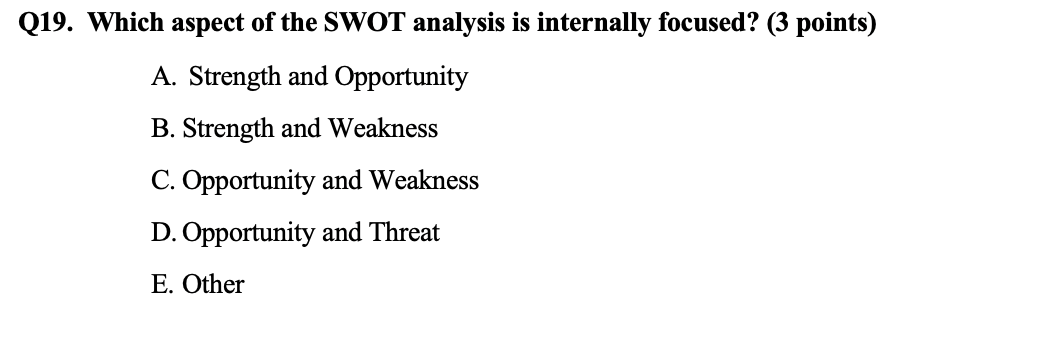 Q19. Which aspect of the SWOT analysis is