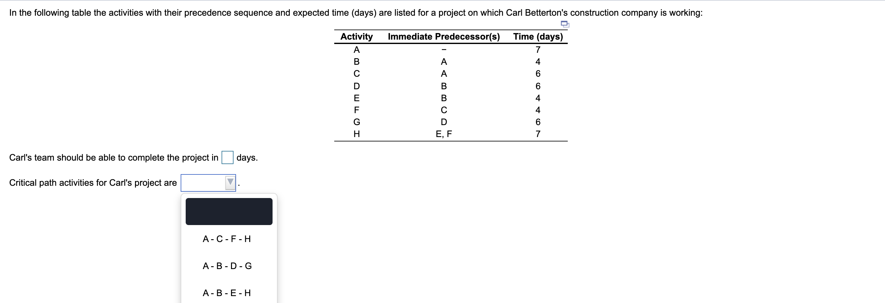 In the following table the activities with their