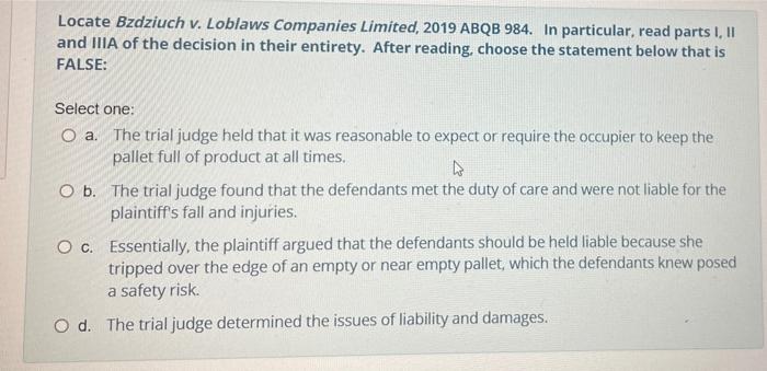 Locate Bzdziuch v. Loblaws Companies Limited,