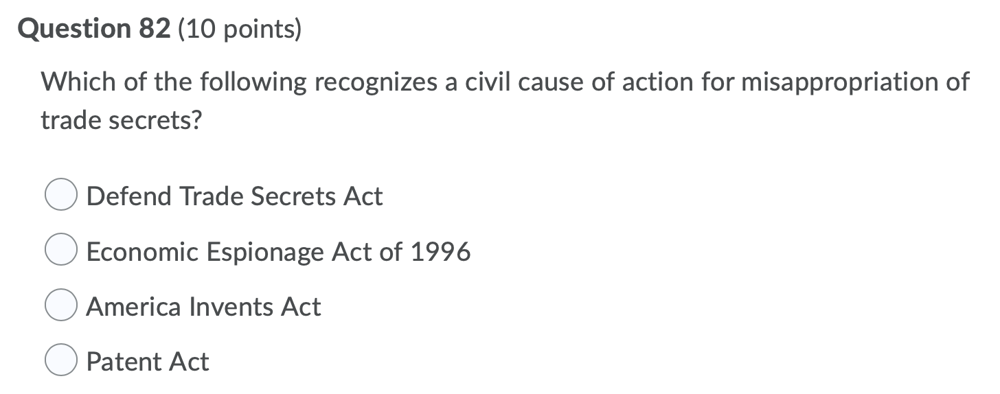 Question 82 (10 points) Which of the following