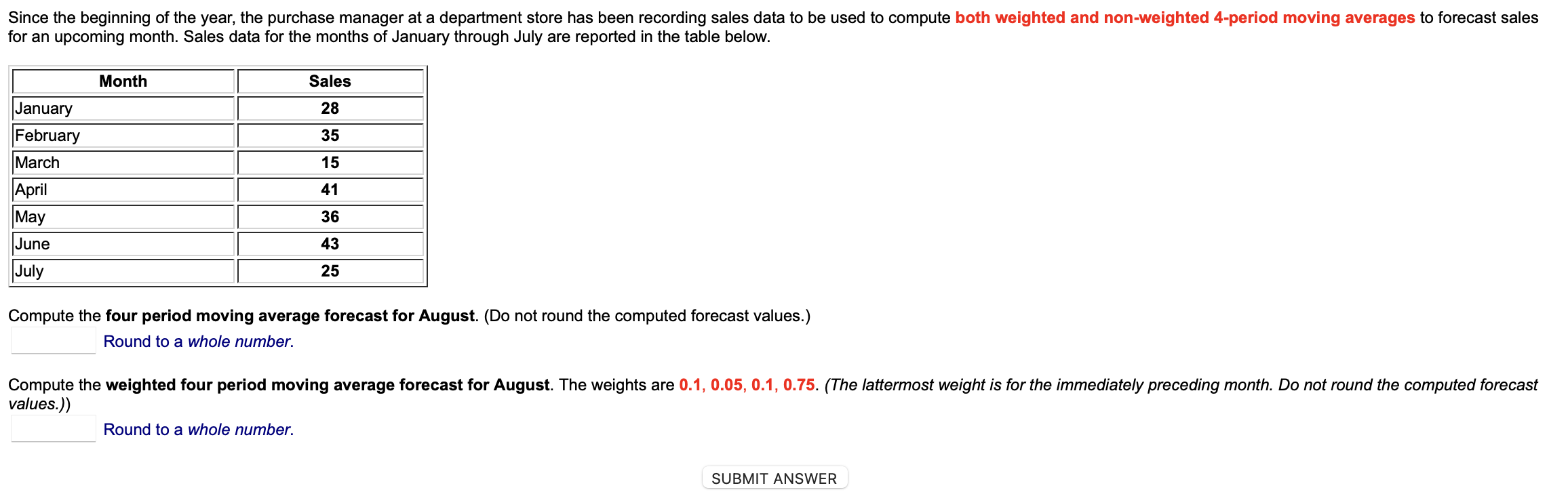 Compute the four period moving average forecast