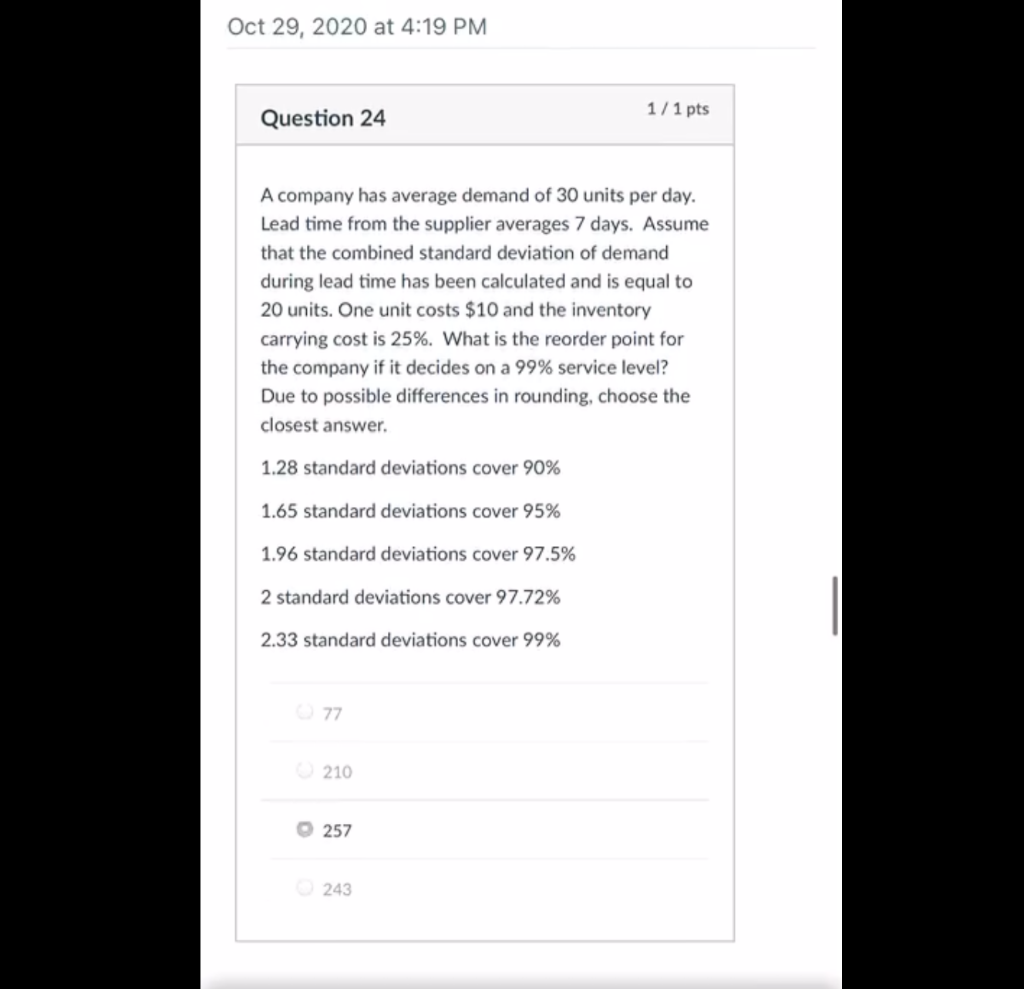 Oct 29, 2020 at 4:19 PM Question 24 1/1 pts A