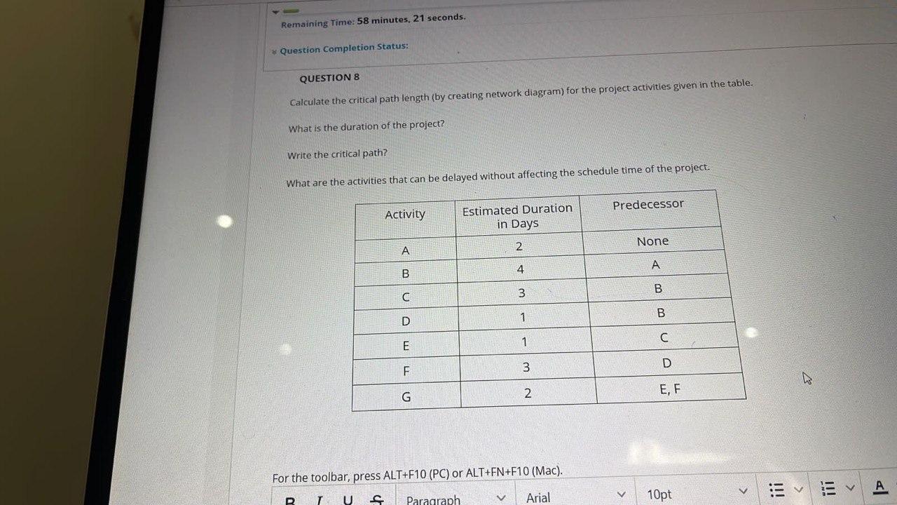 Remaining Time: 58 minutes, 21 seconds. Question