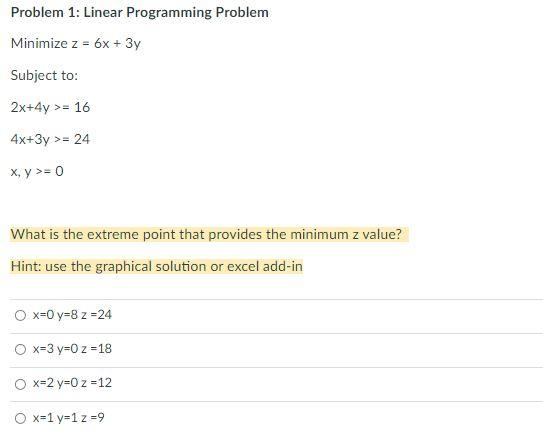 Problem 1: Linear Programming Problem - Minimize