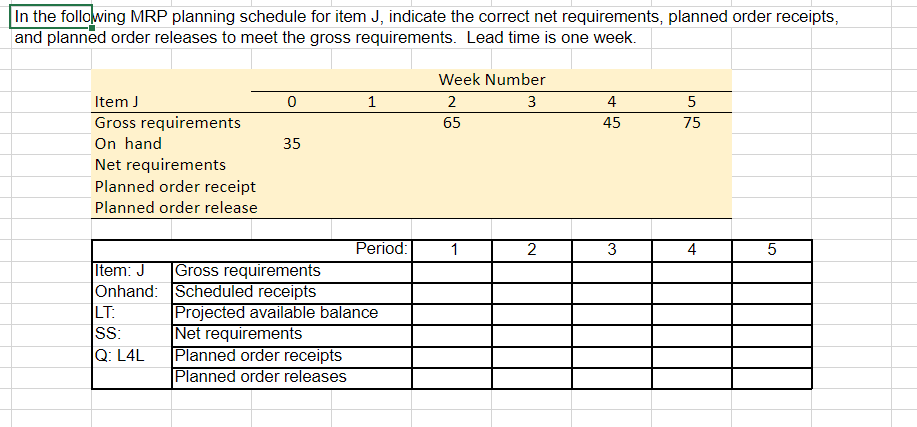 In the following MRP planning schedule for item